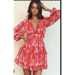 Tiered Ruffle Deep V Chiffon Saints + Secrets Mini Dress Open Back Red Floral  M